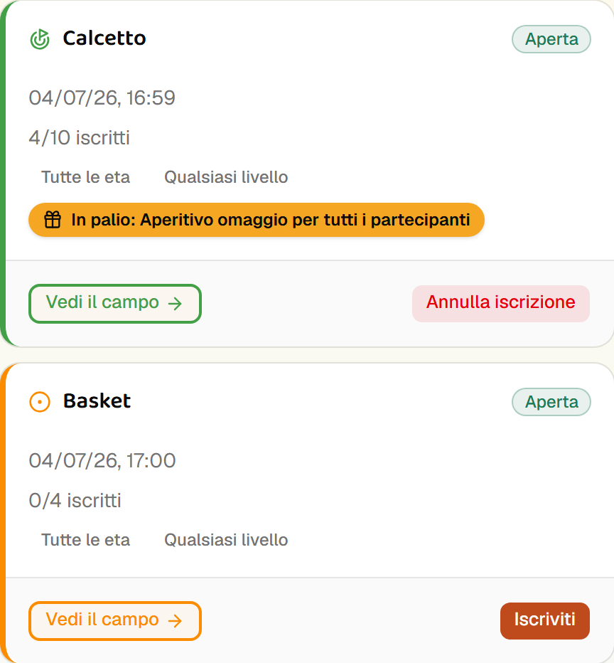 Elenco di partite aperte nell'app CampMate, tra cui calcetto e basket